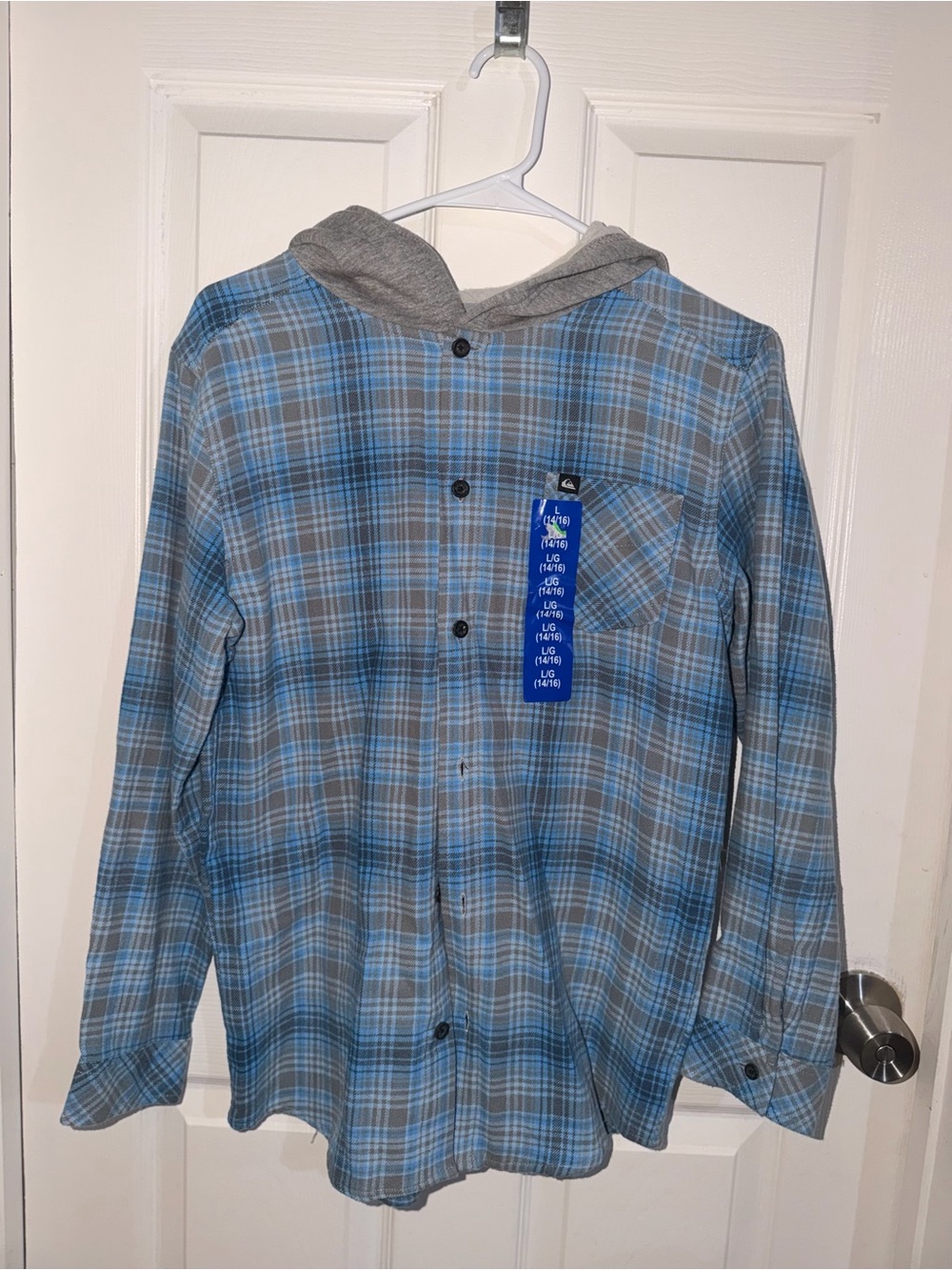 Quiksilver Blue and Gray Plaid Hooded Button-Down Shirt